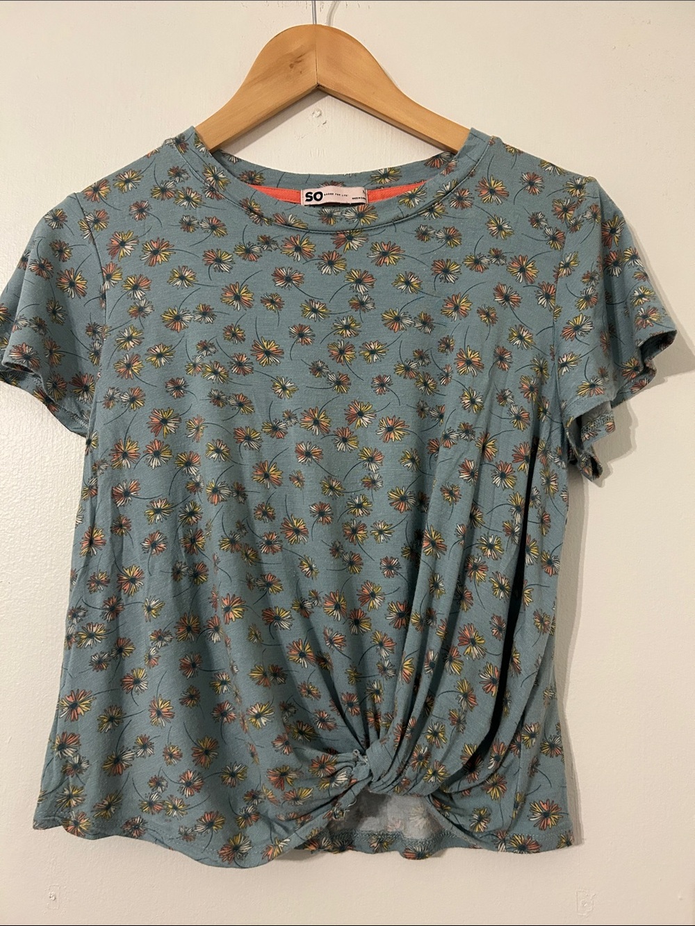 SO Floral Knot-Front Lace Back Tee - Dusty Blue-Green